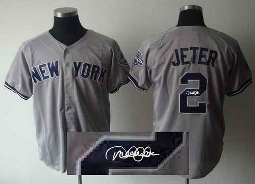 Yankees #2 Derek Jeter Grey Autographed Stitched MLB Jersey - Click Image to Close